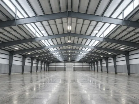 Empty clear-span steel building interior with LED lighting and rigid frame structure