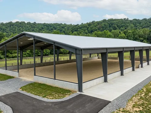 Covered open-sided steel riding arena with clear-span roof for natural light and ventilation