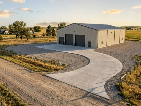 Steel building on acreage with sweeping concrete driveway and wide pad