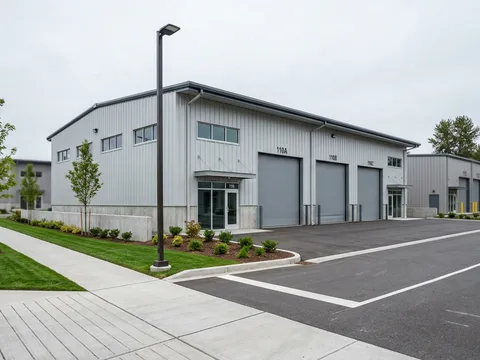 Steel commercial building in a business park along a paved road