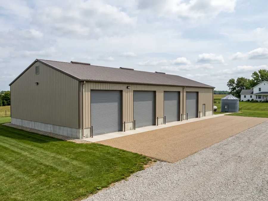 Steel agricultural building on farm with chip-seal driveway, house and silo in background