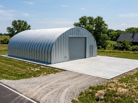 Quonset arch building on acreage with wide concrete pad