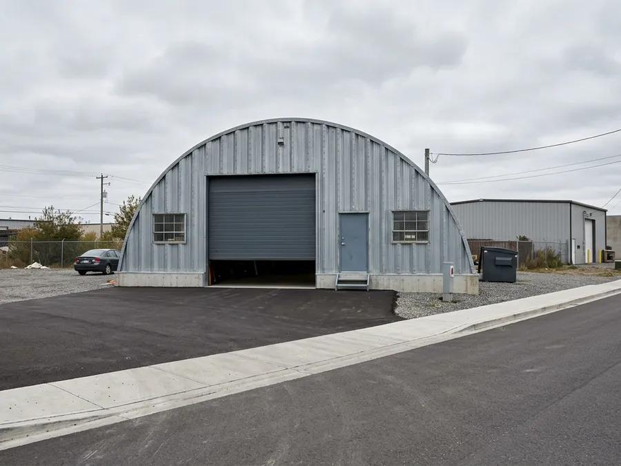 Quonset arch steel building in a commercial business park along a paved road