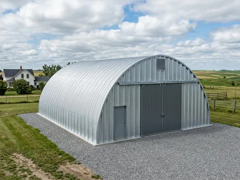 Quonset arch steel building on a farm with chip-seal driveway