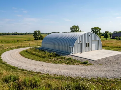 Quonset arch building with sweeping gravel approach to concrete slab