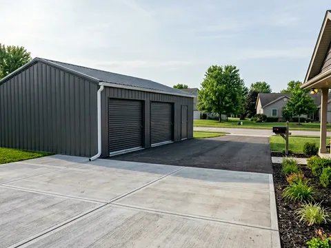 Residential steel garage with concrete driveway