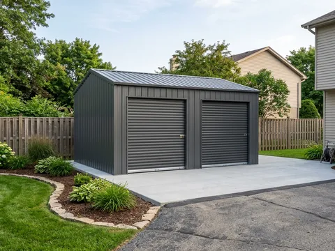 Steel storage building in residential backyard with concrete pad