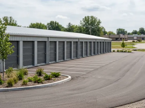 Steel commercial storage facility with smooth paved entry and parking